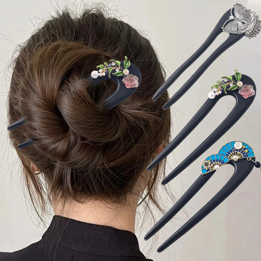 Holz Blumen U-förmige Haar Gabel Holz Haarnadel Schmetterling Haar Sticks Chinesischen Stil Frauen Hairstyling Haar Zubehör Kopfbedeckungen