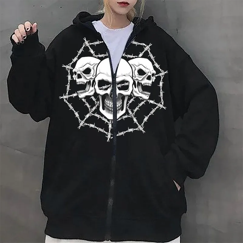 Autumn Winter Y2k Casual Vintage Gothic Fashion Print Zip Up Hoodies Hip Hop Harajuku Coats Loose Hooded Sweatshirt Women Kpop