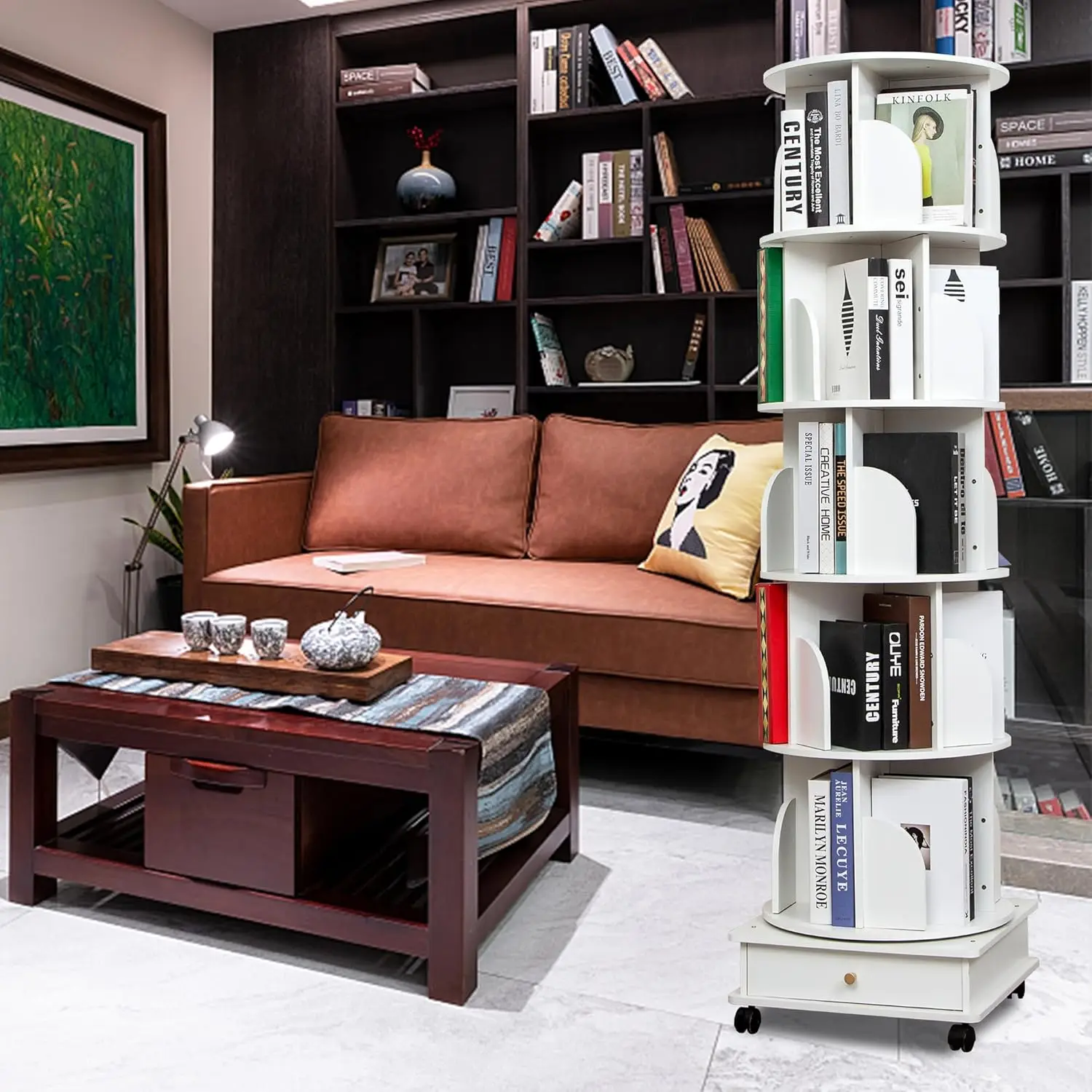

Solid Wood Rotating Bookshelf Tower,360 Revolving Bookcase,Narrow Bookshelf With Drawers,Spinning Bookshelf For Home Office,