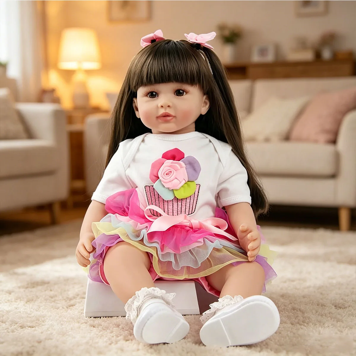 

22 Inch Reborn Baby Doll Girl - Realistic Lifelike Toddler Doll in White T-Shirt with Cupcake & Rainbow Tutu, Soft Cloth Body, Handmade Reborn Doll for Kids Age 3+, Birthday Gift
