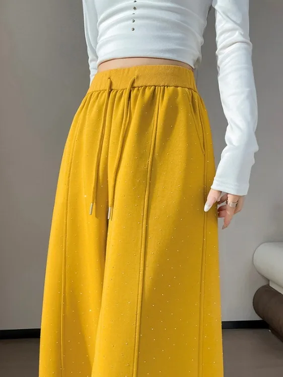 

Spring Summer 2026 High Waist Wide Leg Pants Women's Casual Straight Cut Diamond Embellied Bend Knife Pants Sli Slimming