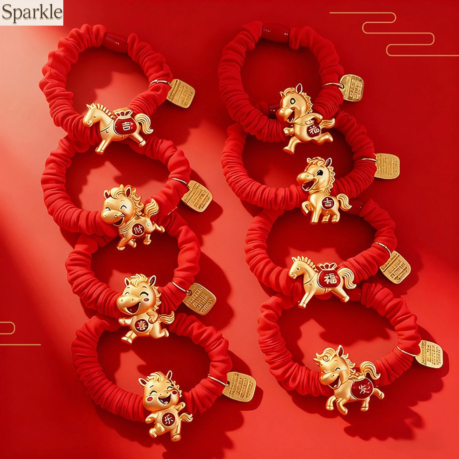 

3PCS 2026 Year of the Horse Red Hair Ties Golden Pony Charms Lucky Elastic Hair Bands Fashion Hair Accessories for Women