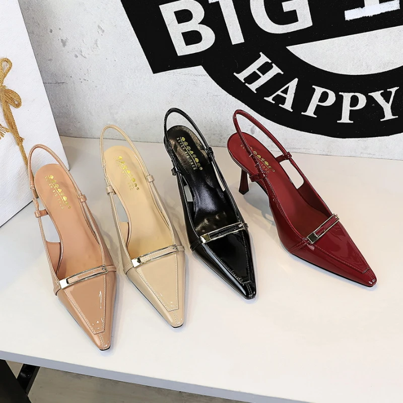 European American Style Banquet Pointed High Heels Thin Heel Patent Leather Metal Buckle Rear Trip Strap High Heels Single Shoes