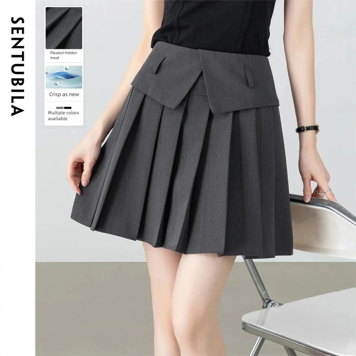 SENTUBILA Pleated Mini Skirts for Women Summer Skorts 2026 Preppy Style Youth Fashion Belt Short Skirts Woman Clothes W63QB8461X