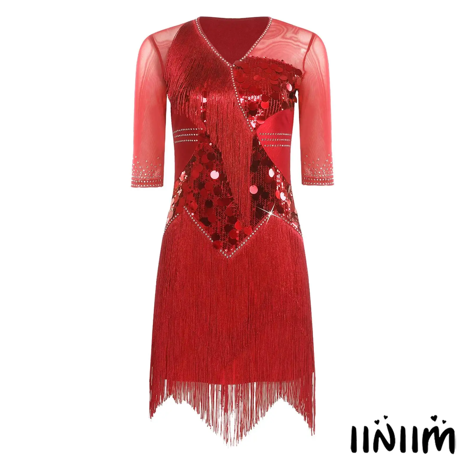 

Women Latin Cha-cha Dance Outfit Lady Glittery Sequins Rhinestone V Neck Half Sleeve Tiered Tassel Dresses for Salsa Tango Shows
