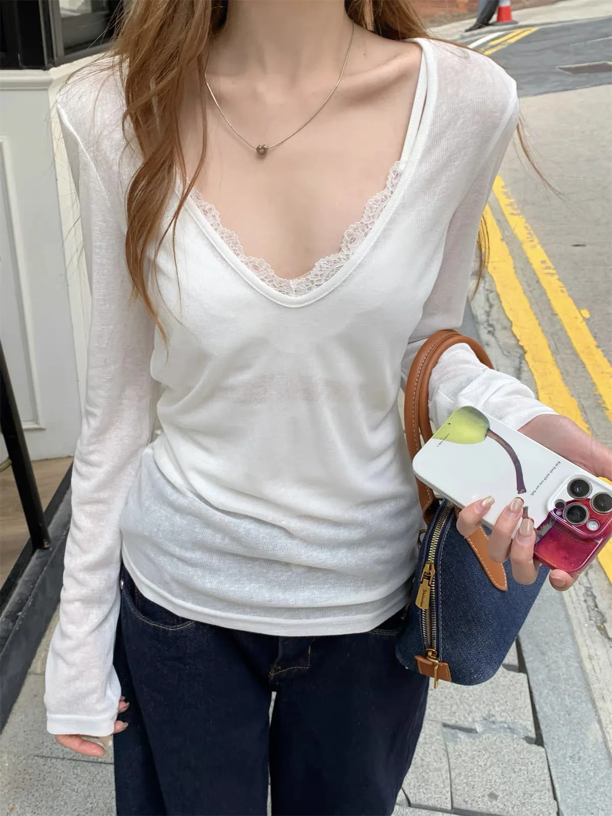 White V-Neck Long Sleeve Thin Women's T-shirt Spring Summer Casual Loose Fit Sun Protection Top Lazy Outerwear Shirt