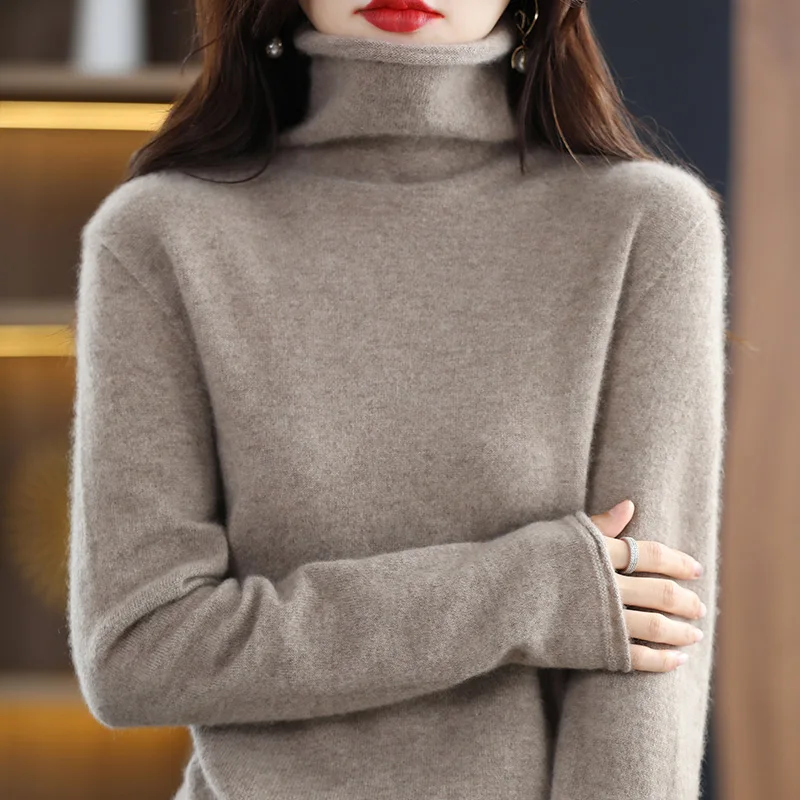 

First-line Ready-to-wear 100% Pure Wool Sweater Women's Pile Collar Turtleneck Autumn And Winter Bottoming Shirt Slim Fit Seamle
