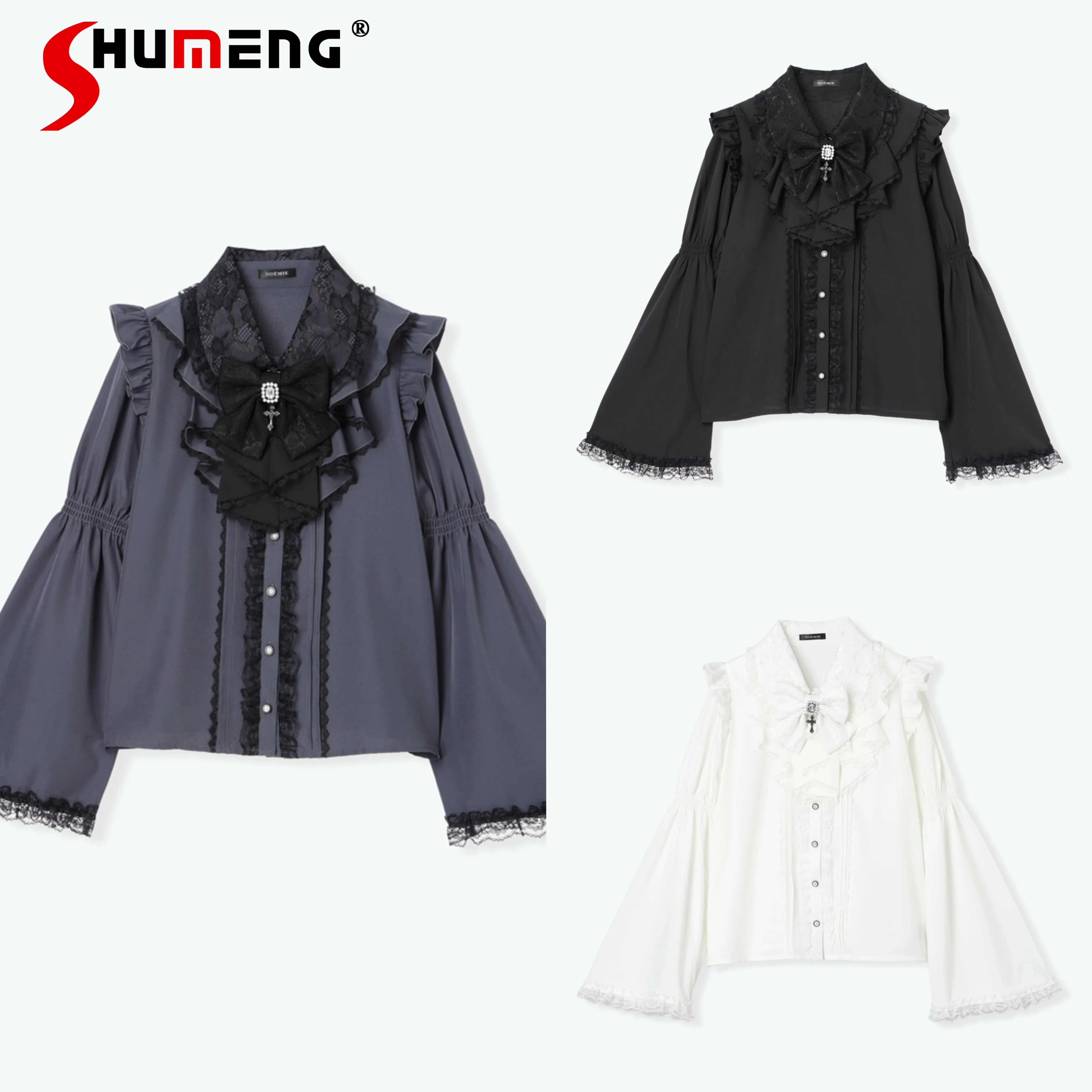 

Готическая блузка в японском стиле Mines, массовое производство, субкультура, готическая блузка с рюшами и расклешенными рукавами, крестообразный бант, милая рубашка в стиле Лолиты, топ для женщин