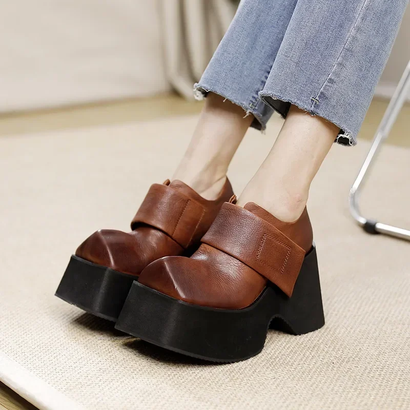 

Birkuir Retro Square Toe Thick Heel Shoes For Women Hook Loop Soft Flat Platform Shoes 10cm High Heel Luxury Ladies Single Shoes
