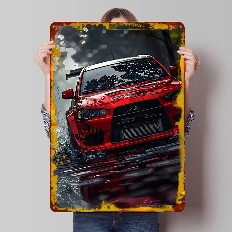 Red Japanese Car Lancer Evolution Printed Poster Customized Wall Art Retro Vintage Metal Tin Signs for Decoration Home House