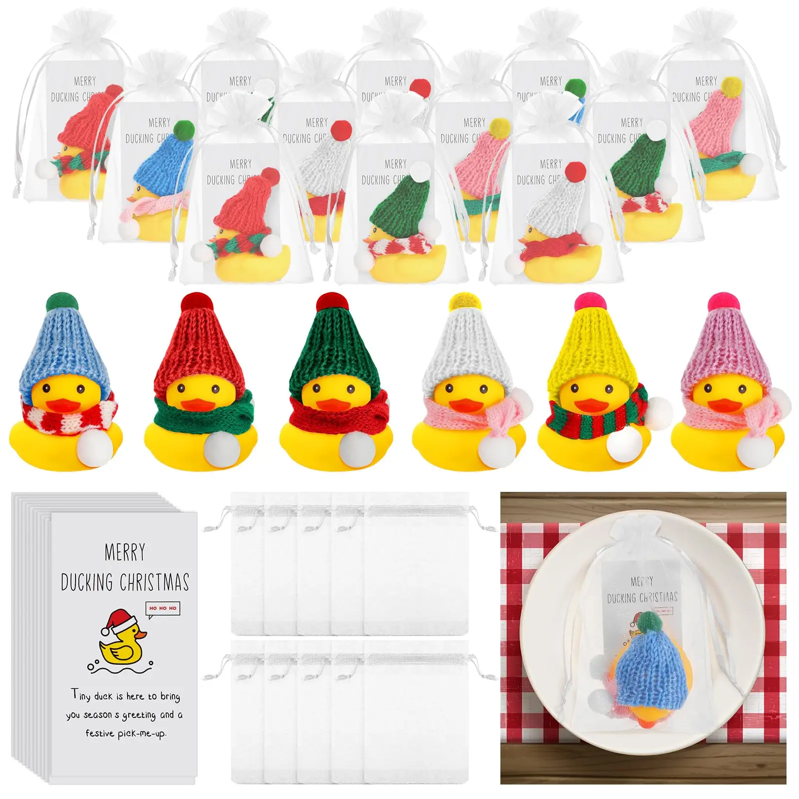 Christmas Merry Mini Rubber Ducks with Scarf and Hats with Christmas Ducking Card Organza Bags Bulk Thank You Gift Set for kid