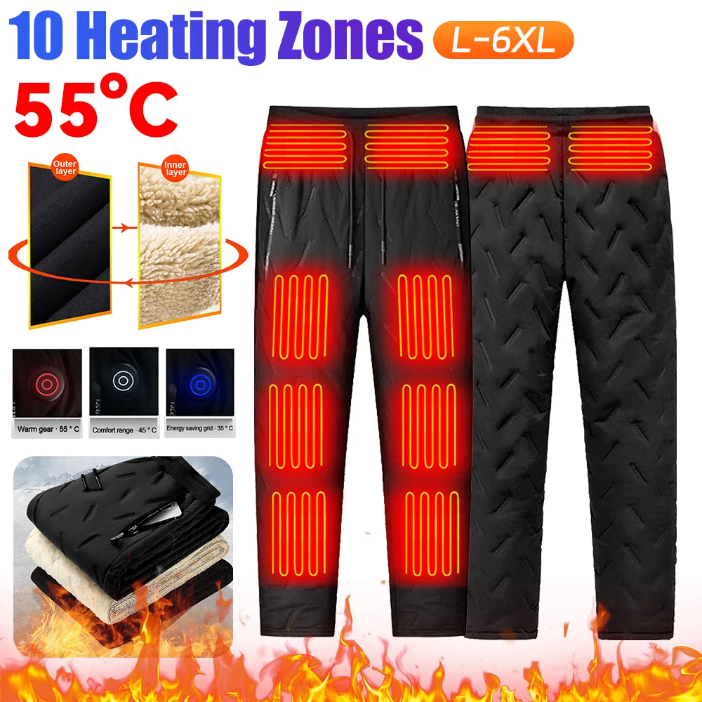 10-Zone USB Electric Heated Pants Men's Lamb Wool Thermal Trousers 3 Temp Modes Winter Warm Waterproof Cold-Weather Pants