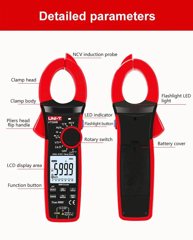 Imagem -05 - Uni-t-true Rms Grampeador Digital Corrente ac dc 1000v Amperímetro Alicate Lpf 6000 Contagem Ut206ut207b Ut208b 1000v