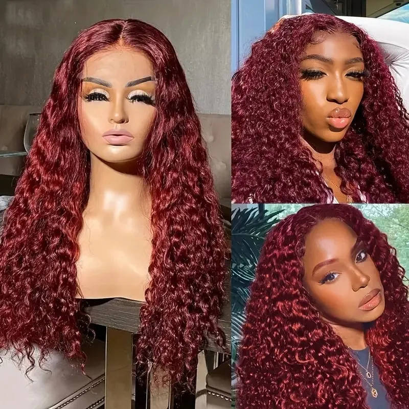 99J Burgundy 13x6 HD Deep Wave Lace Frontal Wigs Colored Curly Human Hair Wig Red Deep Wave 13x4 Lace Front Wig 30 Inches