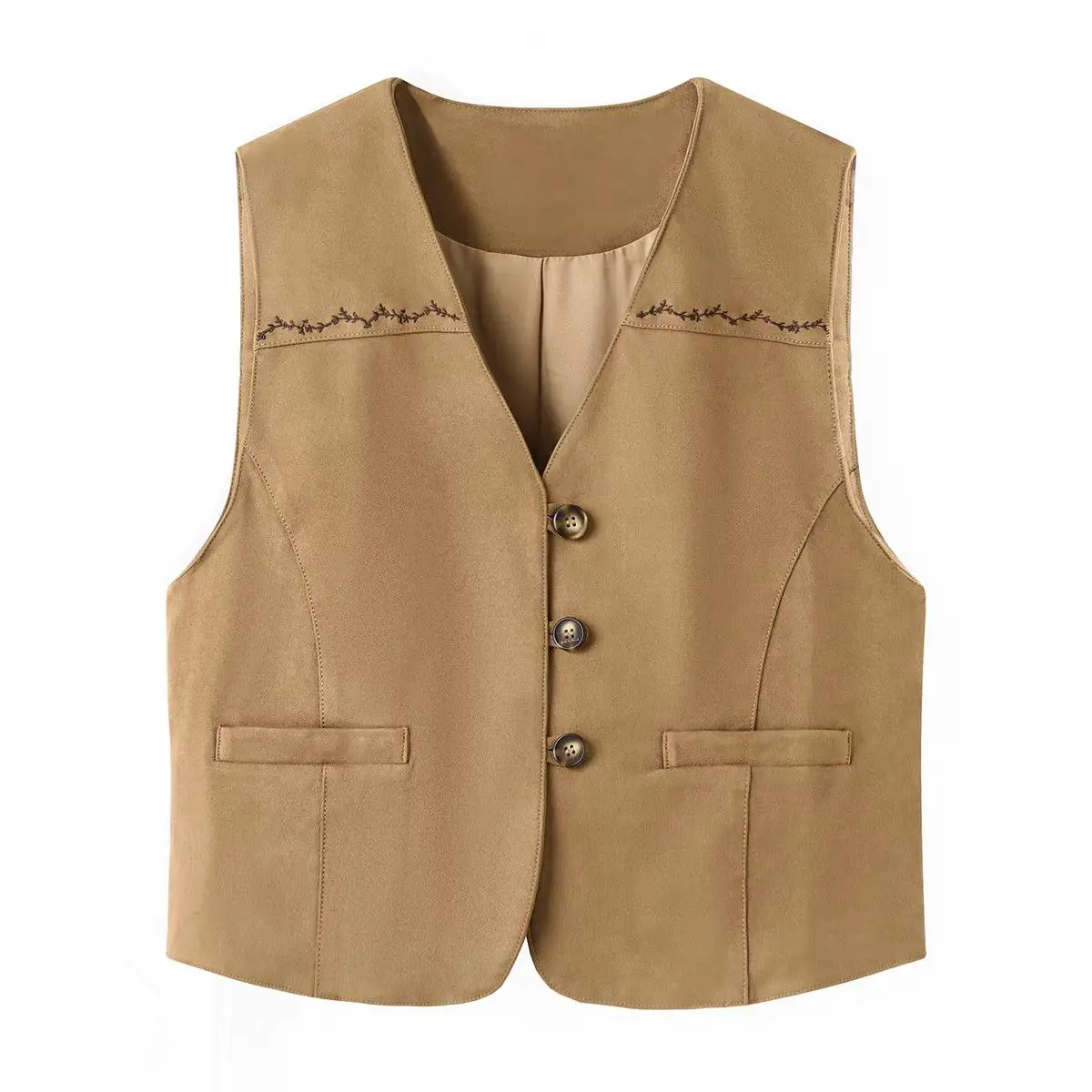 Chic Japanese Style Women's Suede Vest Top V-Neck Layering Sleeveless Autumn Fashionable Versatile Trendy Standard Fit T-Shirt