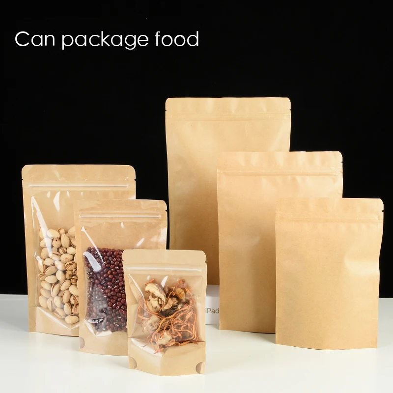 100 Kraft paper sealed pocket Stand up Zip lock Kraft Paper Window Bag Pouches Zipper Self Sealing Bags Food Fruit Tea packaging