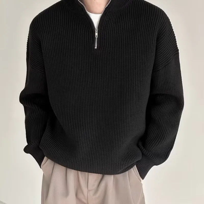 하프 지퍼 하이 칼라 남성 니트웨어 스웨터 가을 솔리드 컬러 니트 풀오버 일본 하라주쿠 스웨터 스트리트웨어 풀오버