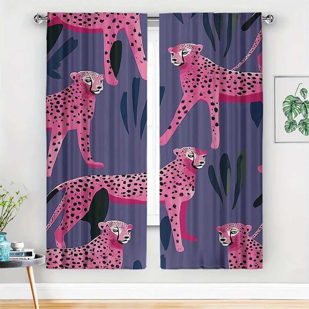 2pcs, No suspension rod Curtains, 23.62x59.06 inch, Pink cheetah pattern, purple background, simple illustration, Suitable for a