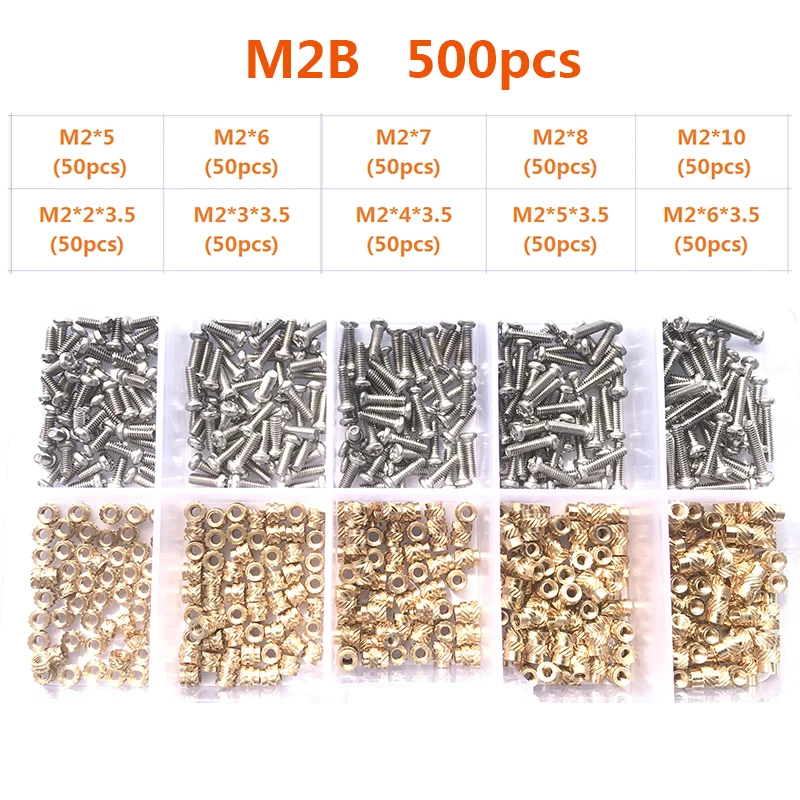 Messing-Einsatzmutter und Schrauben-Sortiment-Set, 260–500 Stück, M2, M3, M4, Hot-Melt-Einsatz, Rändelmutter, Injektions-Einbettungsmutter für 3D-Drucker