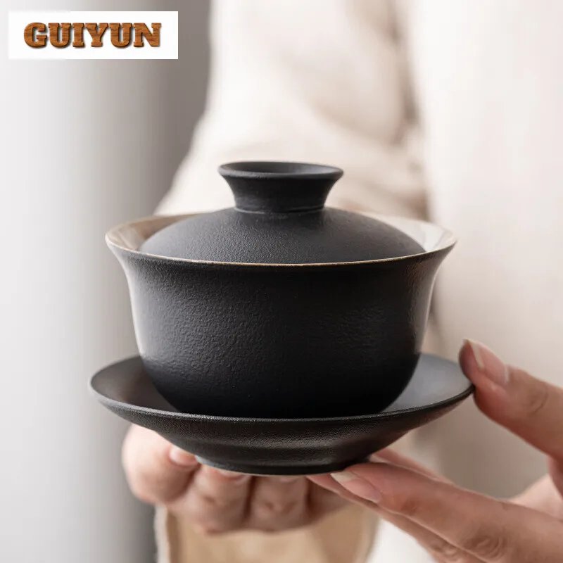 

160ml Coarse Pottery Handmade Cover Bowl Household Small Capacity Gaiwan Aesthetic Tea Tureen Tea Brewing Tea Items Collection