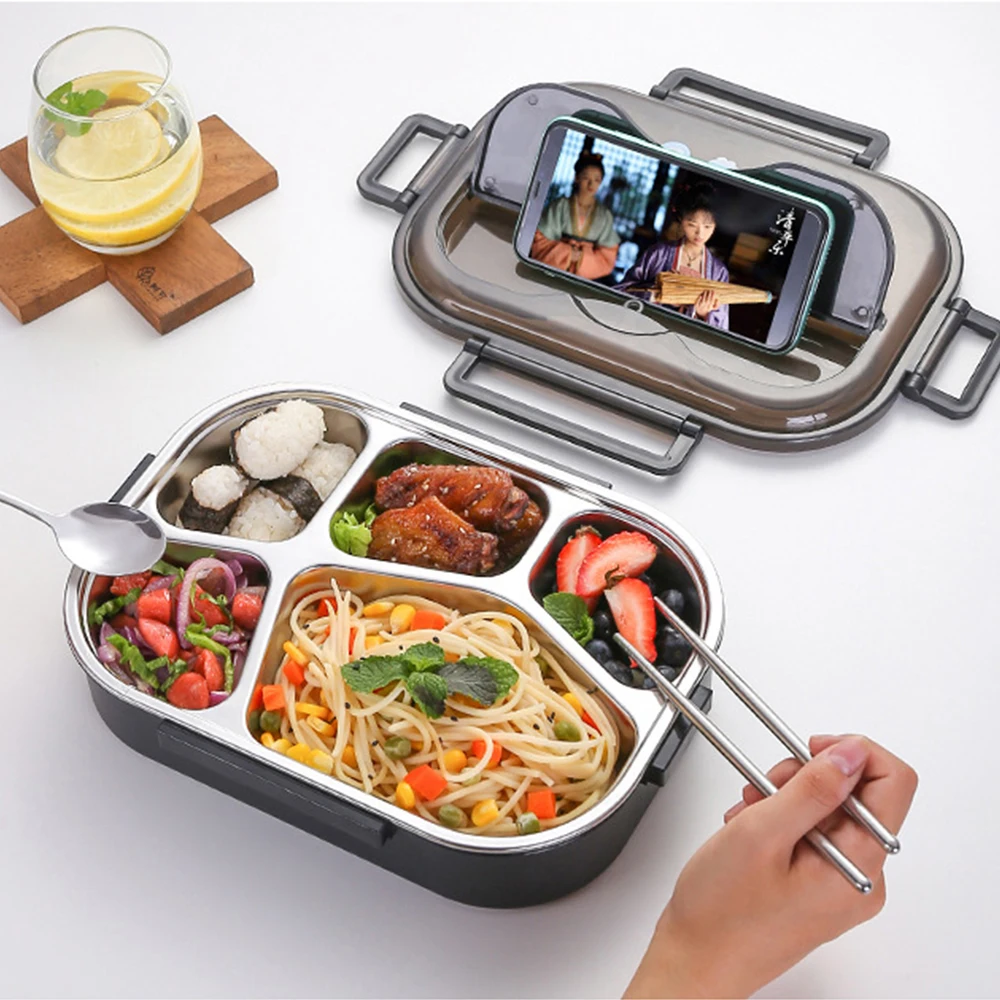 

1300ML Leak-proof Bento Box with Cutlery, 5 Compartments, Stainless Steel Inner, Personal Lunch Box, Fashional Food Container