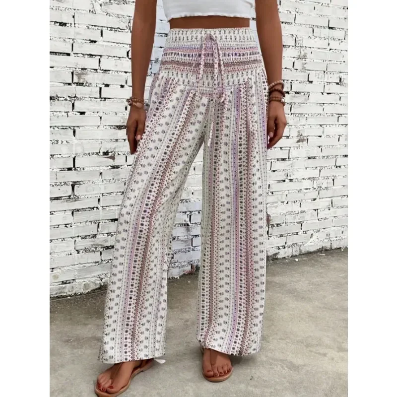 

Большие размеры 1XL-5XL, новые модные повседневные брюки с принтом, широкие брюки с талией, женские длинные драпированные брюки с эффектом похудения