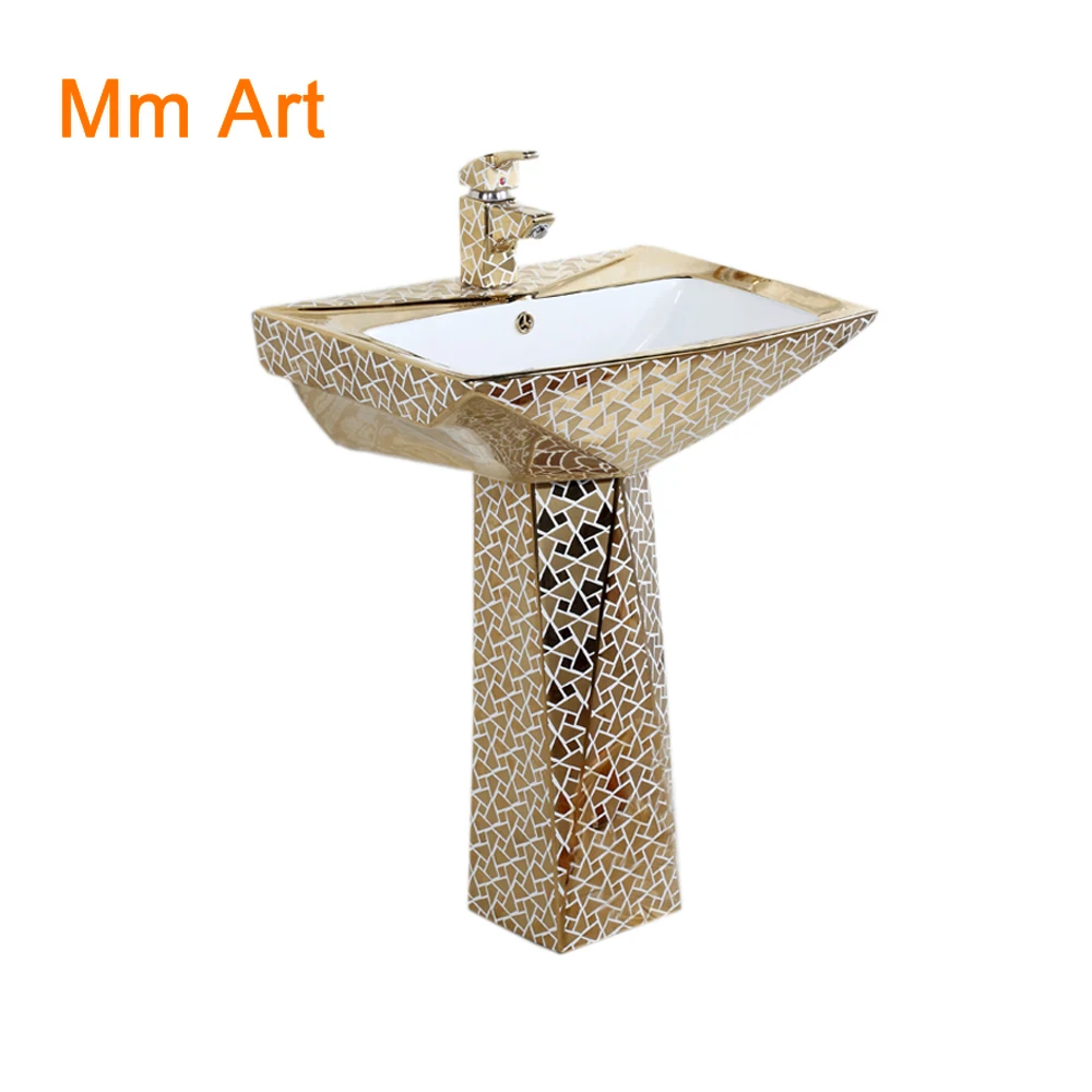 Bathroom pedestal wash sink two piece diamond ceramic fancy gold plated basin  closestool  WC