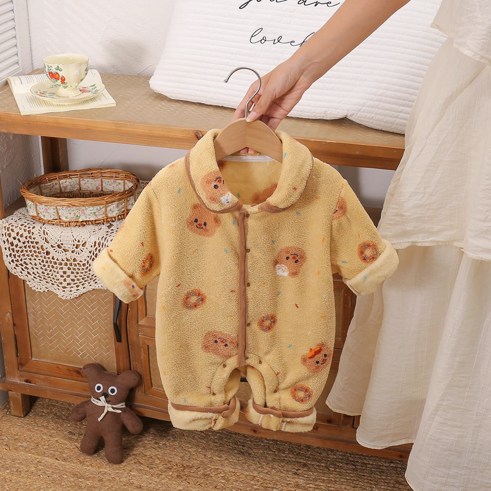 

Детский костюм Rer, осенне-зимний фланелевой комбинезон с милым медвежьим дизайном, теплый средний вес, длинный свек, круглый, из полиэфирного волокна