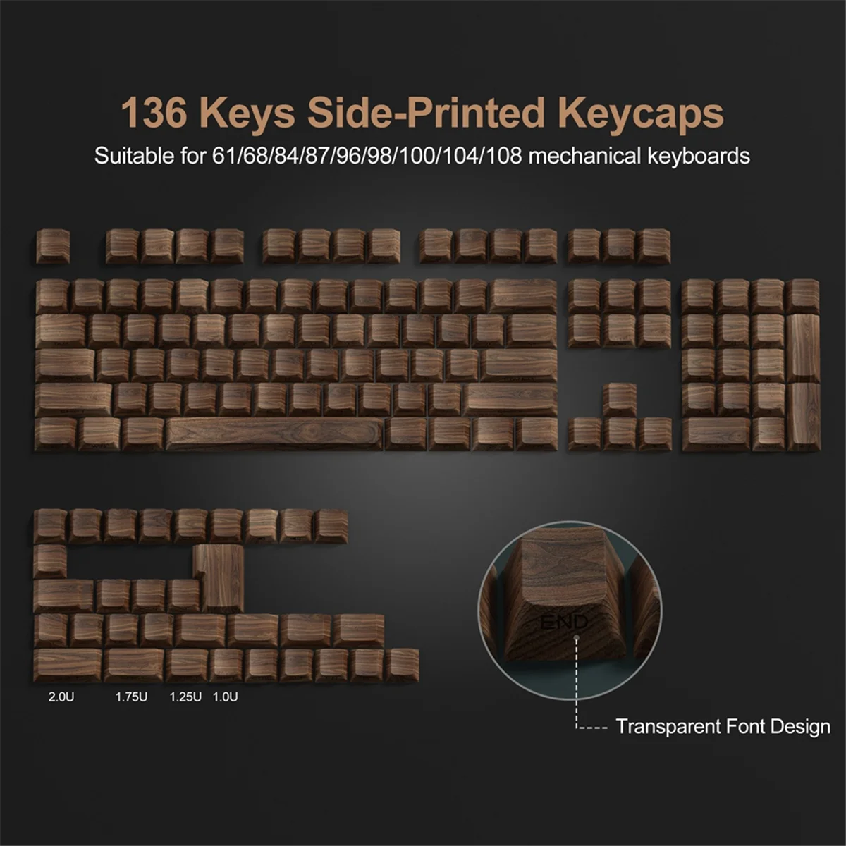 

ABNP 136 Keys Walnut Wood Grain Keycaps Side Print PBT Keycaps Backlit Cherry Profile for MX Switch Mechanical Keyboard