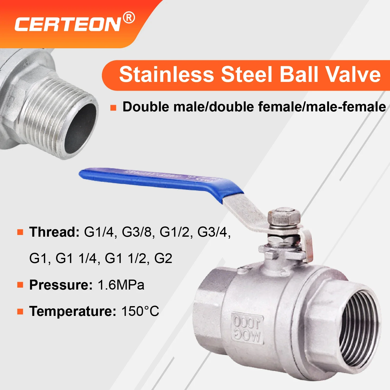 Stainless Steel 2-Piece 304 BSPT Threaded Ball Valve Full Bore Floating Male-Female Female-Female Male-Male for Water Gas Oil