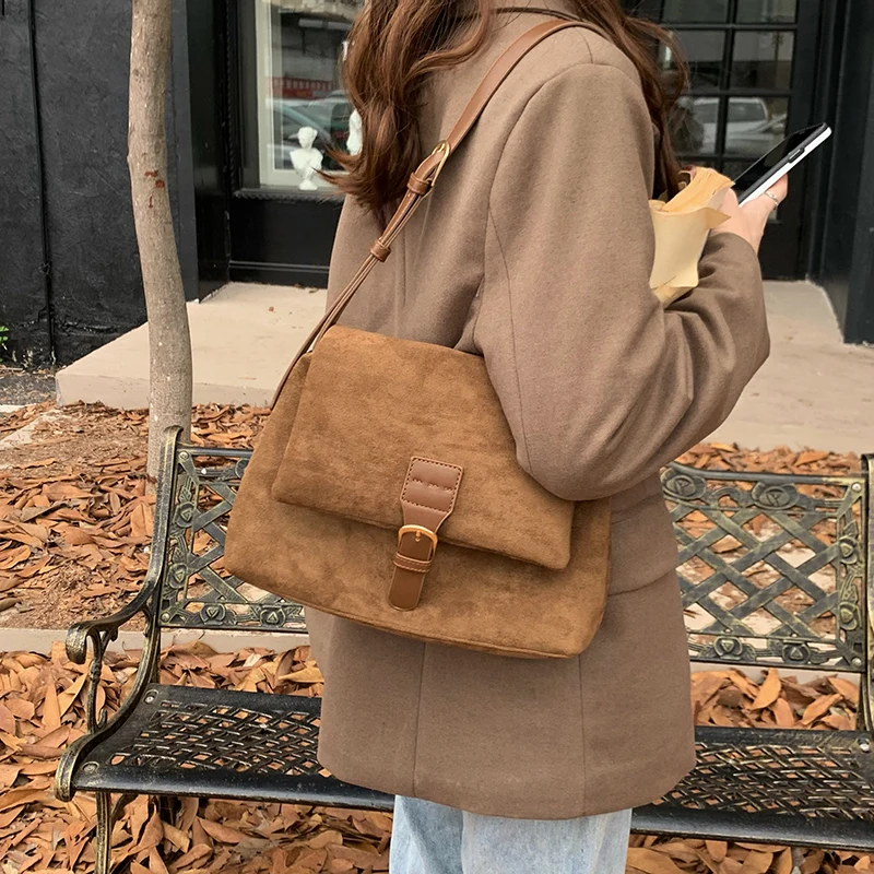 Vintage Brown Suede Crossbody Shoulder Bags For Women Designer Nubuck Leather Tote Handbags Female Casual Travel Purse Sling Bag