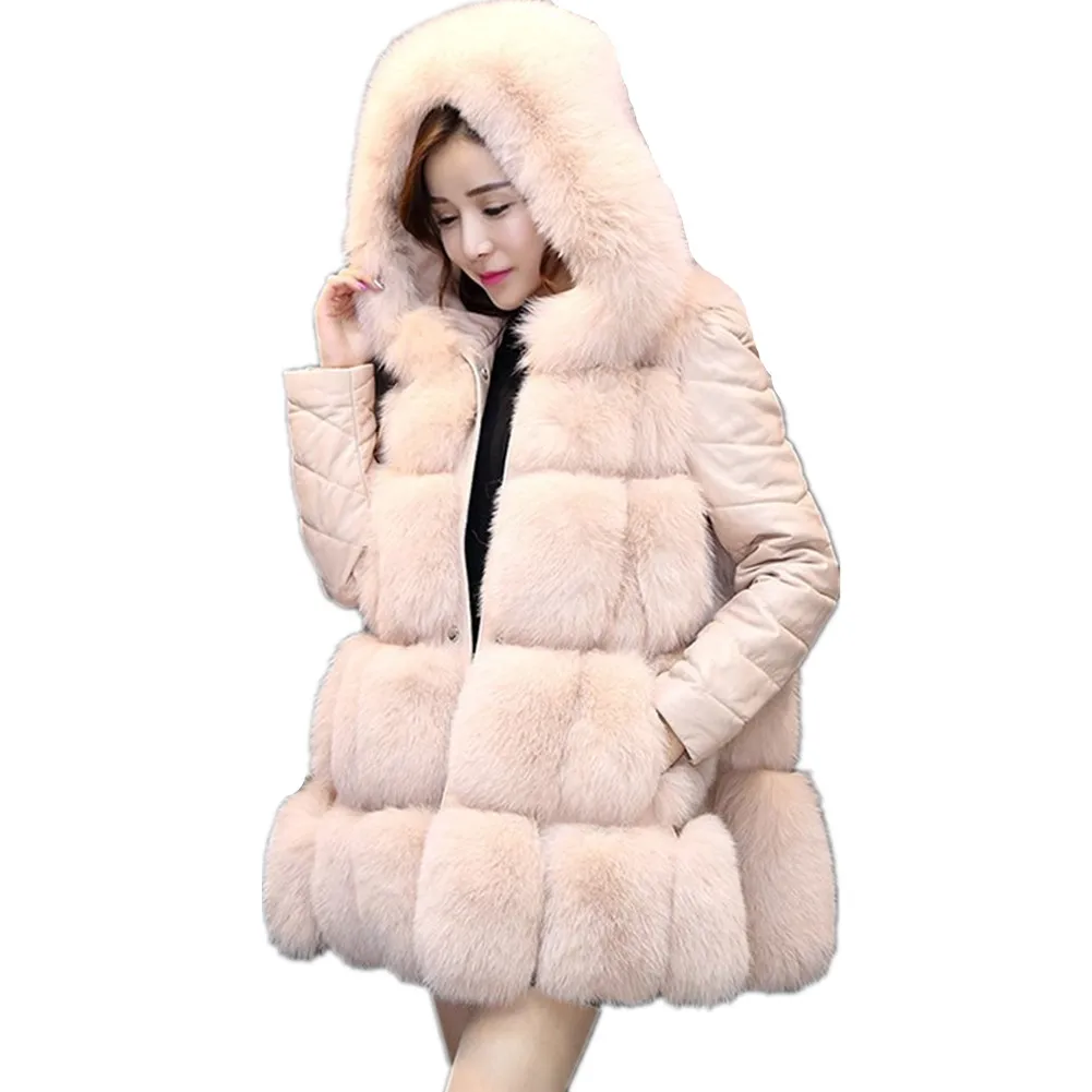 Women Winter Overcoat Outwear PU Leather Removable Sleeves Faux Fur Coat With Hooded Thick Warm Faux Fox Fur Jacket