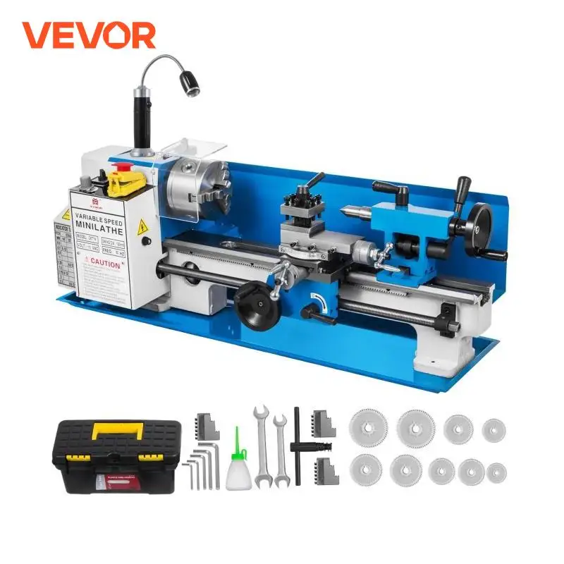 VEVOR Mini Tornio 550 W in Metallo da Banco Velocità Regolabile con 3 Griffe, Mini Macchina di Tornio da Tavolo per Lavorazione di Modello 77 x 21,7