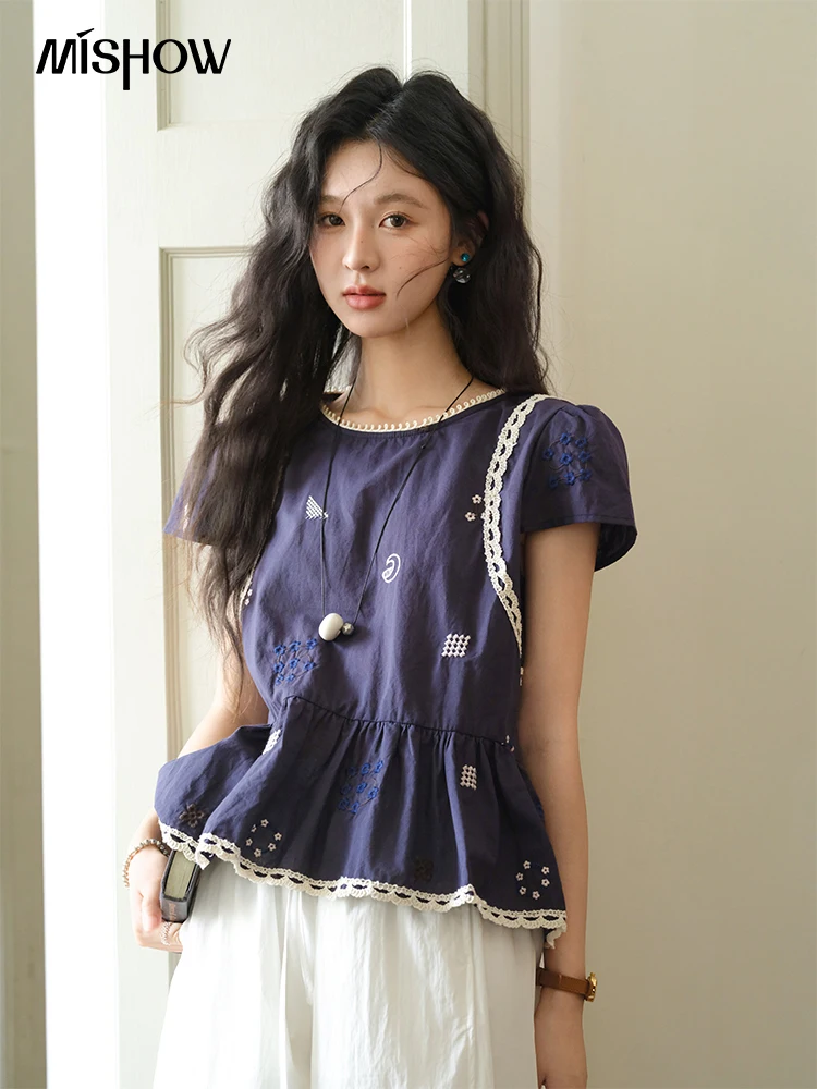 

MISHOW Women's O-Neck Spliced Lace Blouse 2025 Summer New Fashion Embroidery Flower Casual Loose Top Ladies Clothing MXE39X1965