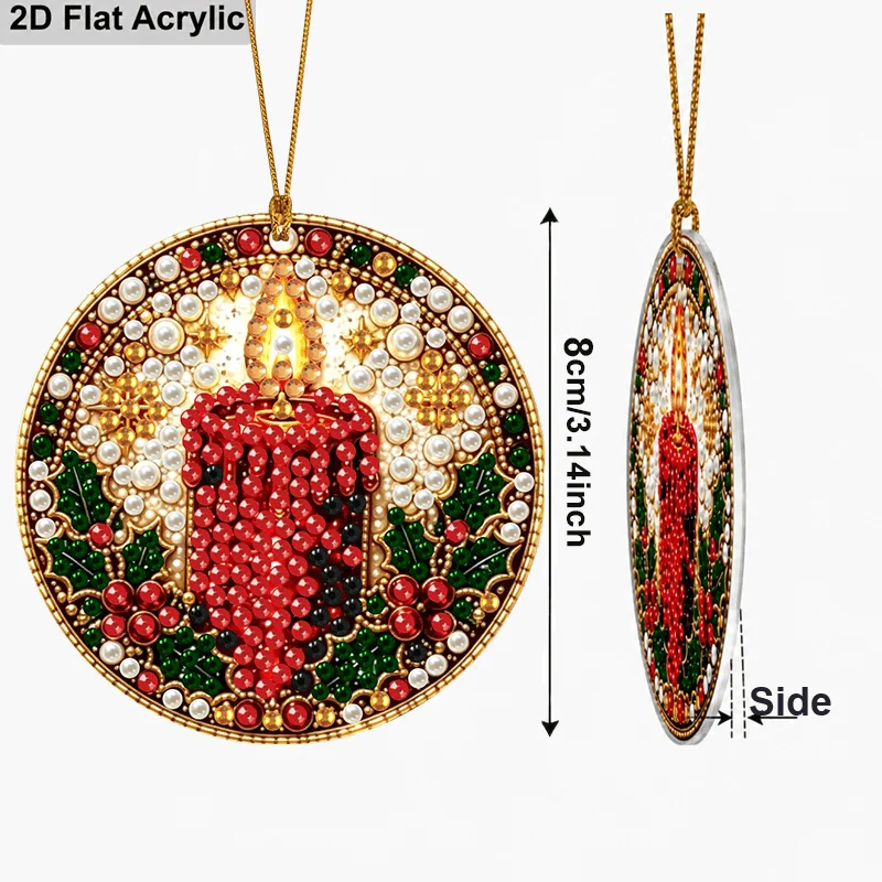 6Pcs/Set 2D Flat Acrylic Pearl Diamond Painting Hanging Ornaments, Christmas Snow Globe Lantern Candle Mailbox Star Fireplace