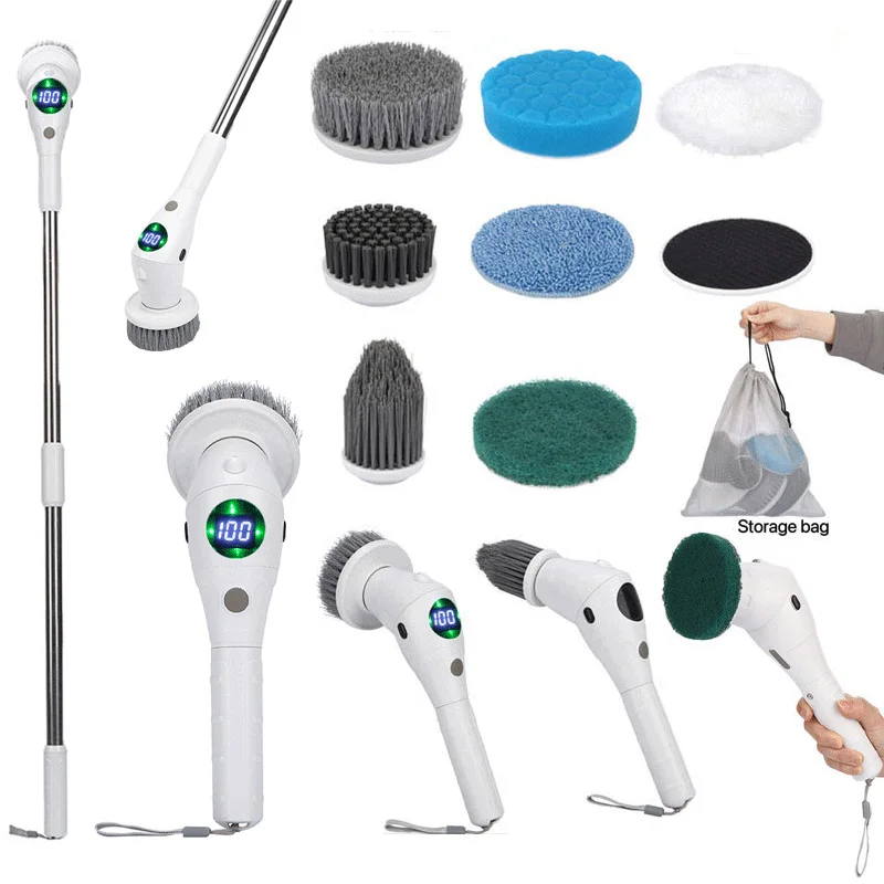 Electric Cleaning Brush 8-In-1 Display 3 Speed Rotatable with Light Kitchen Bathroom Floor Wireless Cleaning Brush