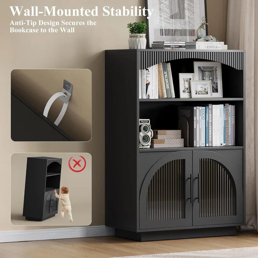 Exclusive 46 Bookshelf with Doors, Black Bookcase with Glass Door, 3 Tier Small Bookshelf w/Deep Storage Cabinet and Adjustable