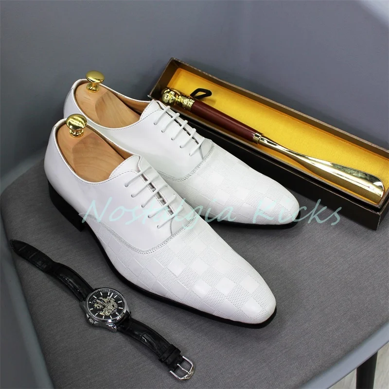 

White Leather Dress Shoes Pointed Toe Checkered Oxford Shoes for Men Formal Office Party Handmade Comfortable Wedding Shoes
