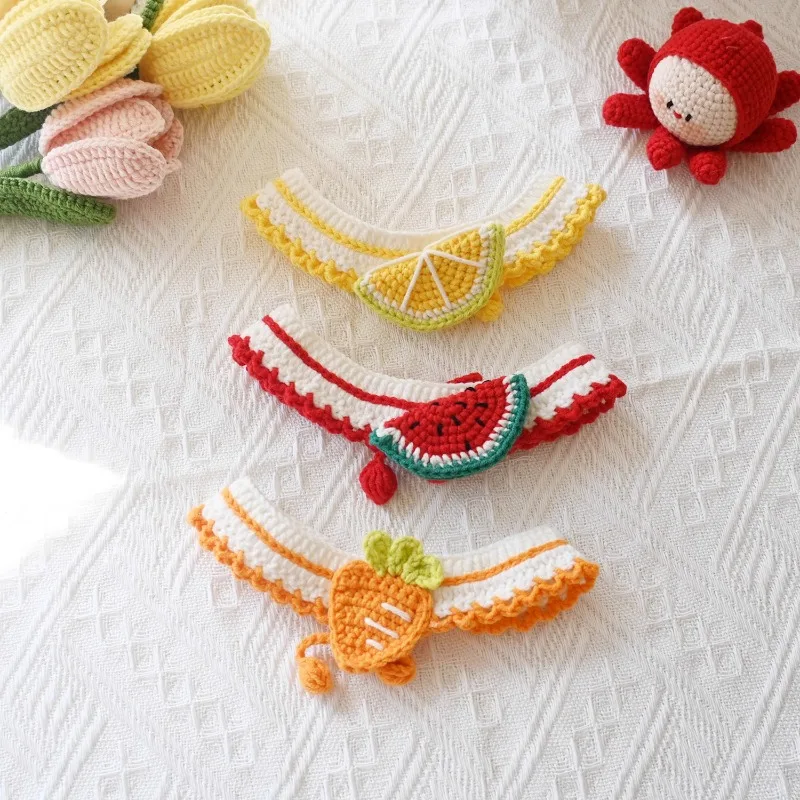 

Knitted Pet Cat Necklace Dog Collar Cute Fruit Series Small Dog Handmade Bib Pet Photo Props