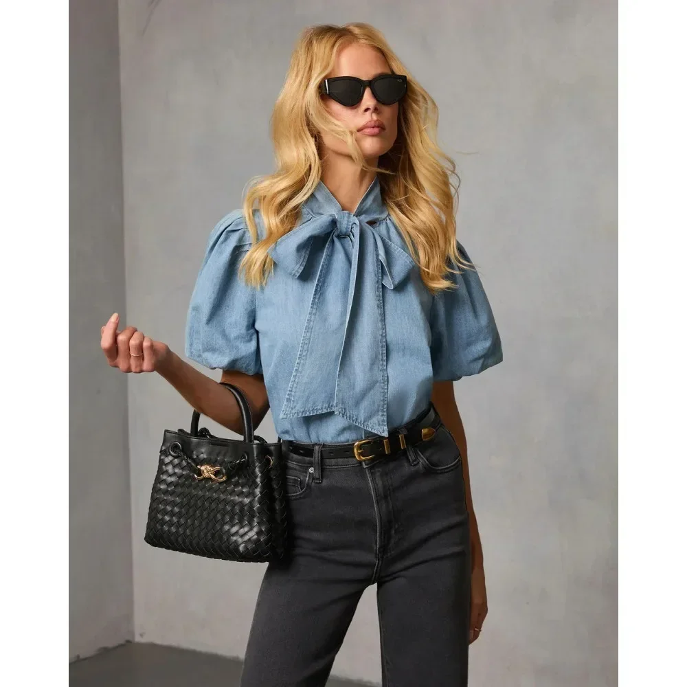 Women Retro Denim Shirt European Style Casual Loose Lantern Sleeve Tie Detail Jean Blouse Ladies Top Chic Daily Streetwear New