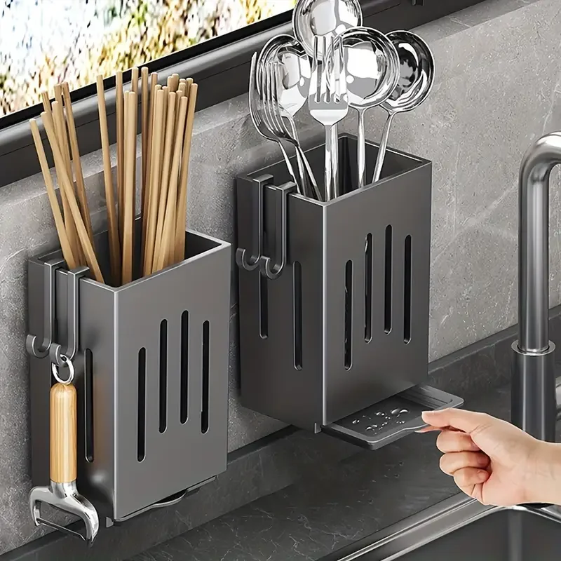 

1pc/2pcs Wall-mounted Chopstick Holder Household Kitchen Sink Tableware Storage Rack Punch-free Drain with Water Tray with Hook