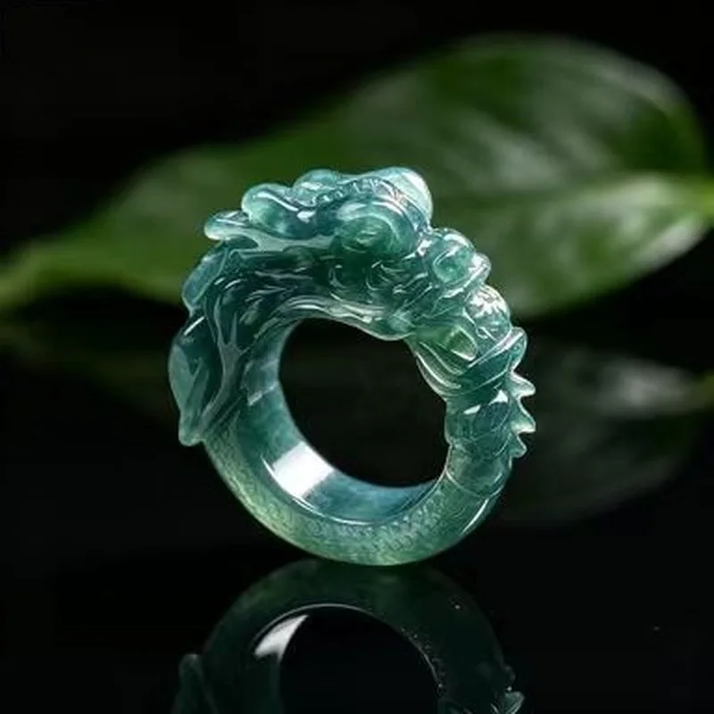 Jadeite A-grade blue water dragon-patterned ring, intricately carved three-dimensional dragon head design, a bold and stylish me