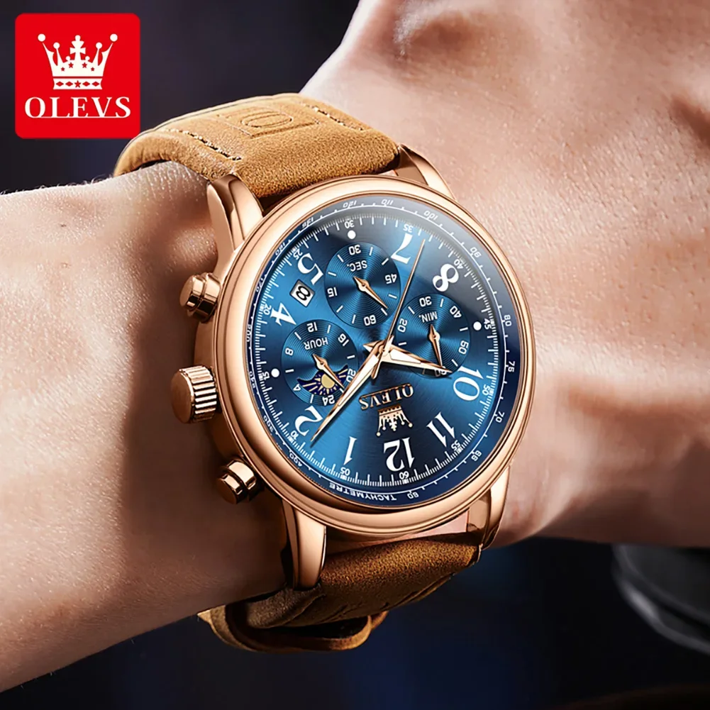 OLEVS-Relógio de quartzo de couro impermeável masculino, calendário da fase lunar, cronógrafo, casual, marca de luxo, novo, 2912