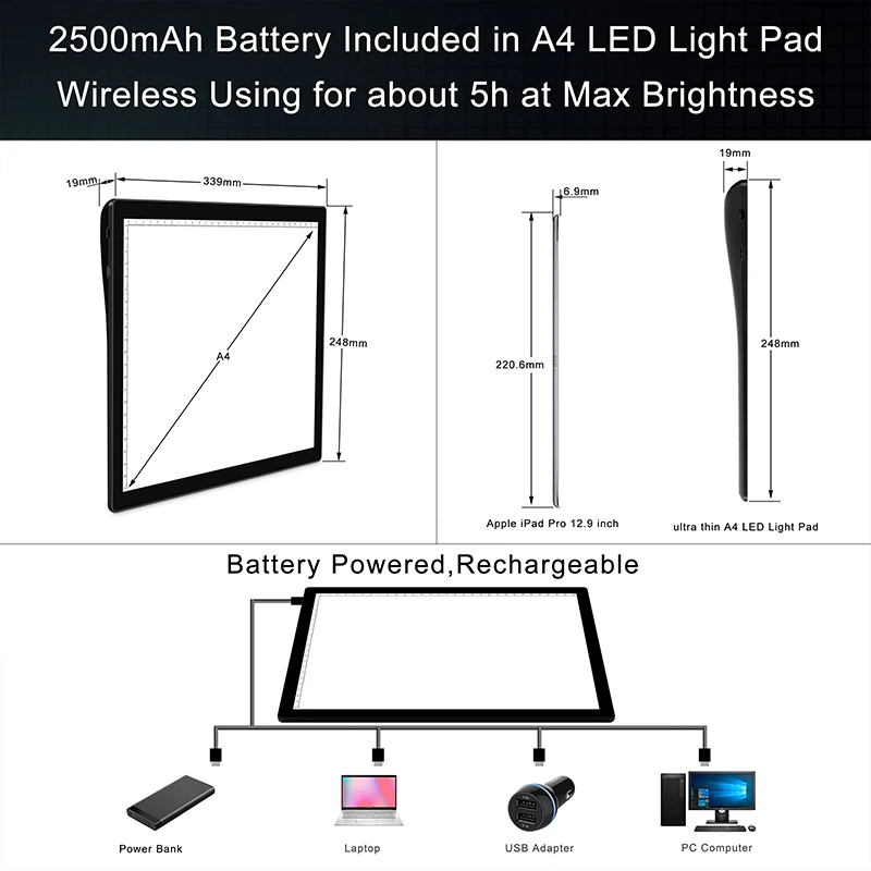 A4 Rechargeable Led Bright Ultra-Thin Light Pad Powered by Lithium Battery for Cricut Vinyl, Weeding Tool, Drawing Crafting Box