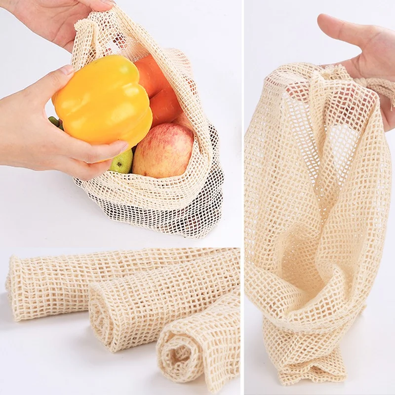 Bolsas de malla de algodón para verduras, frutas y verduras para almacenamiento de bolsa reutilizable, con cordón