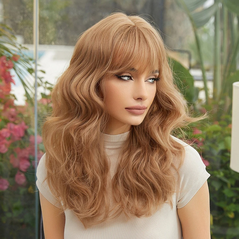 

Blonde Wigs for Women Wig with Bangs Long Wavy Curly Natural Looking Synthetic Heat Resistant Fiber Wig for Daily Party Use