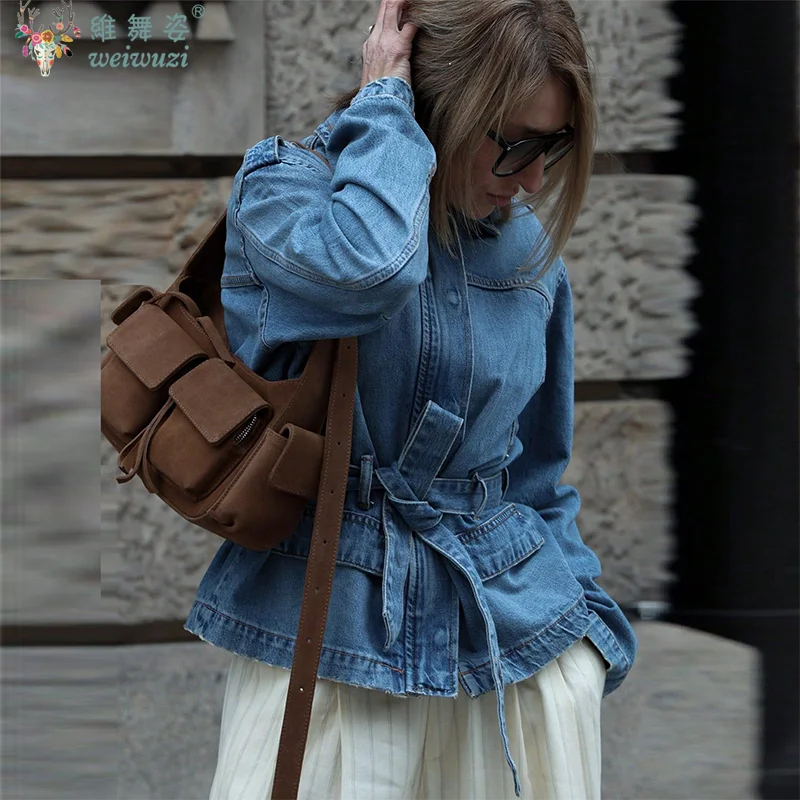 موضة المرأة الدنيم سترة فضفاضة معطف رعاة البقر مع حزام الخصر التلبيب مشبك الخريف الشتاء الدافئة ملابس خارجية غير رسمية ملابس للسيدات #2