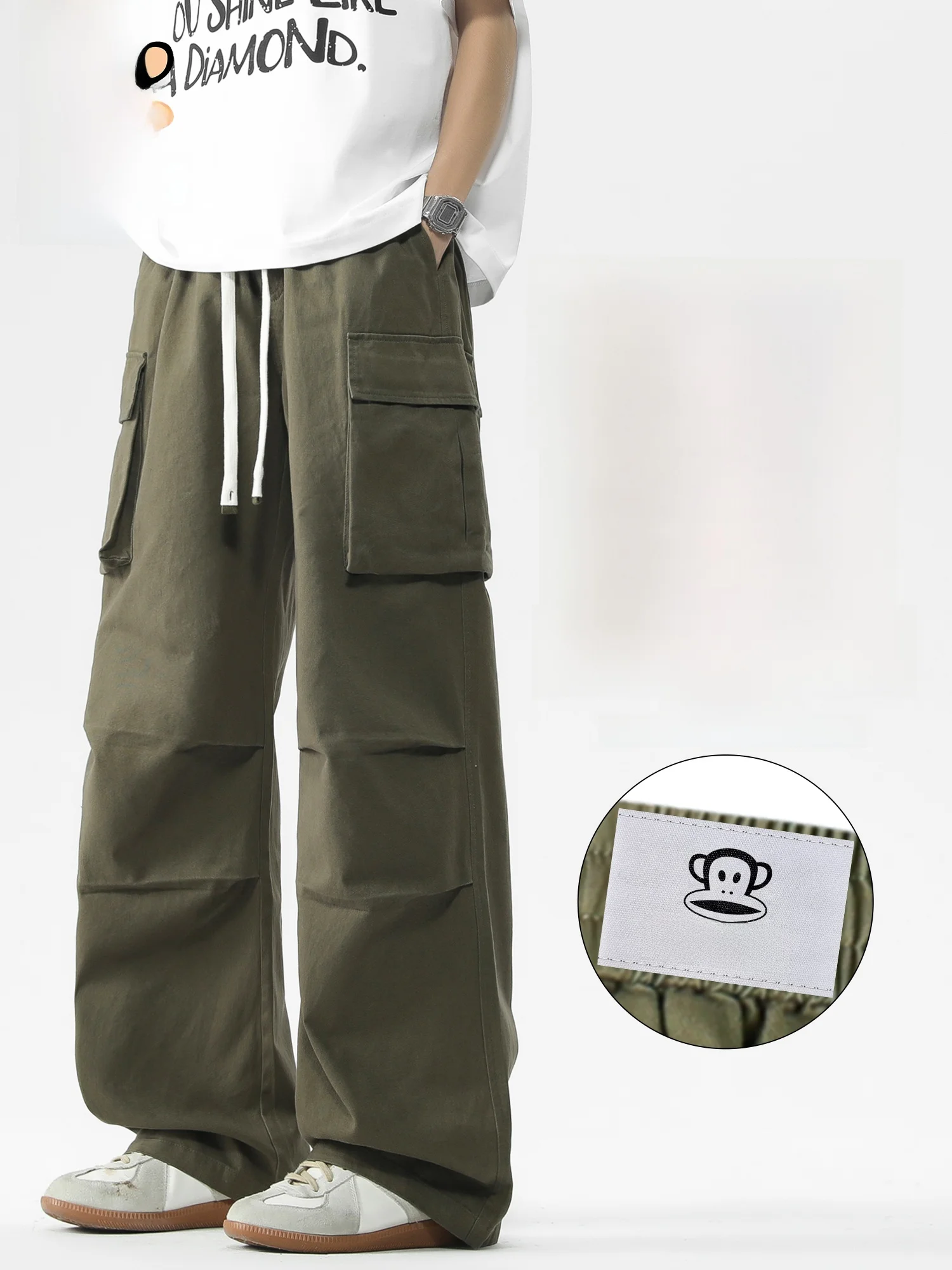 

PaulFrank Spring American Workwear Pure Cotton Casual Pants Men's Folded Loose Straight Tube Soldier Pants Wide Leg Casual Tr...