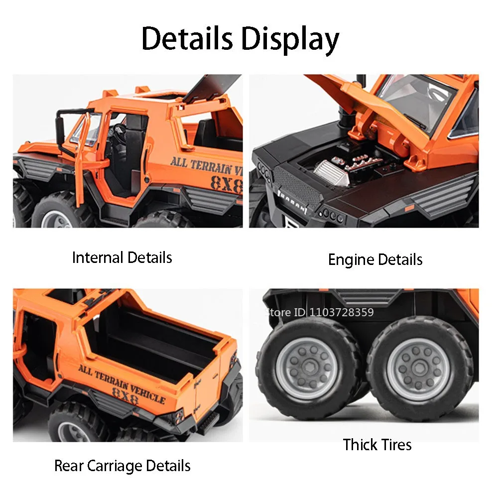 1:32 Russian Avtoros Shaman 8x8 ATV Model Toy Cars Alloy Diecast Defender Van Sound Light Pull Back Off-road Vehicles Kids Gifts