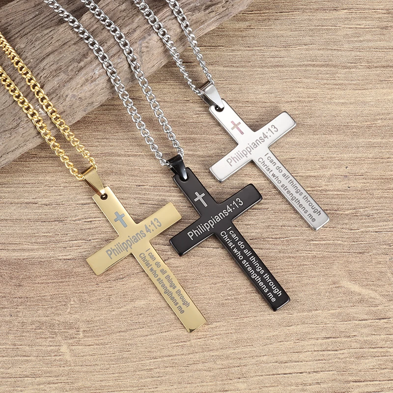 Stainless Steel Simple Christian Bible Cross Pendant Philippians 4:13 Inspirational Statement Necklace for Men and Women